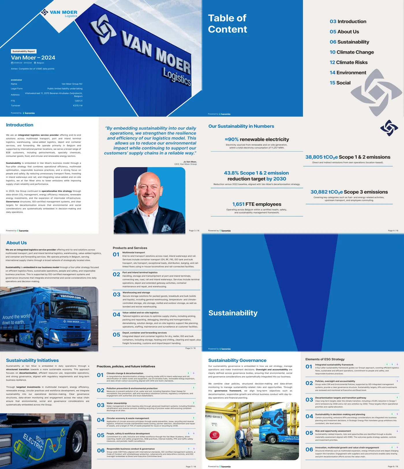 Pages of the Van Moer Logistics sustainability report, built with Karomia