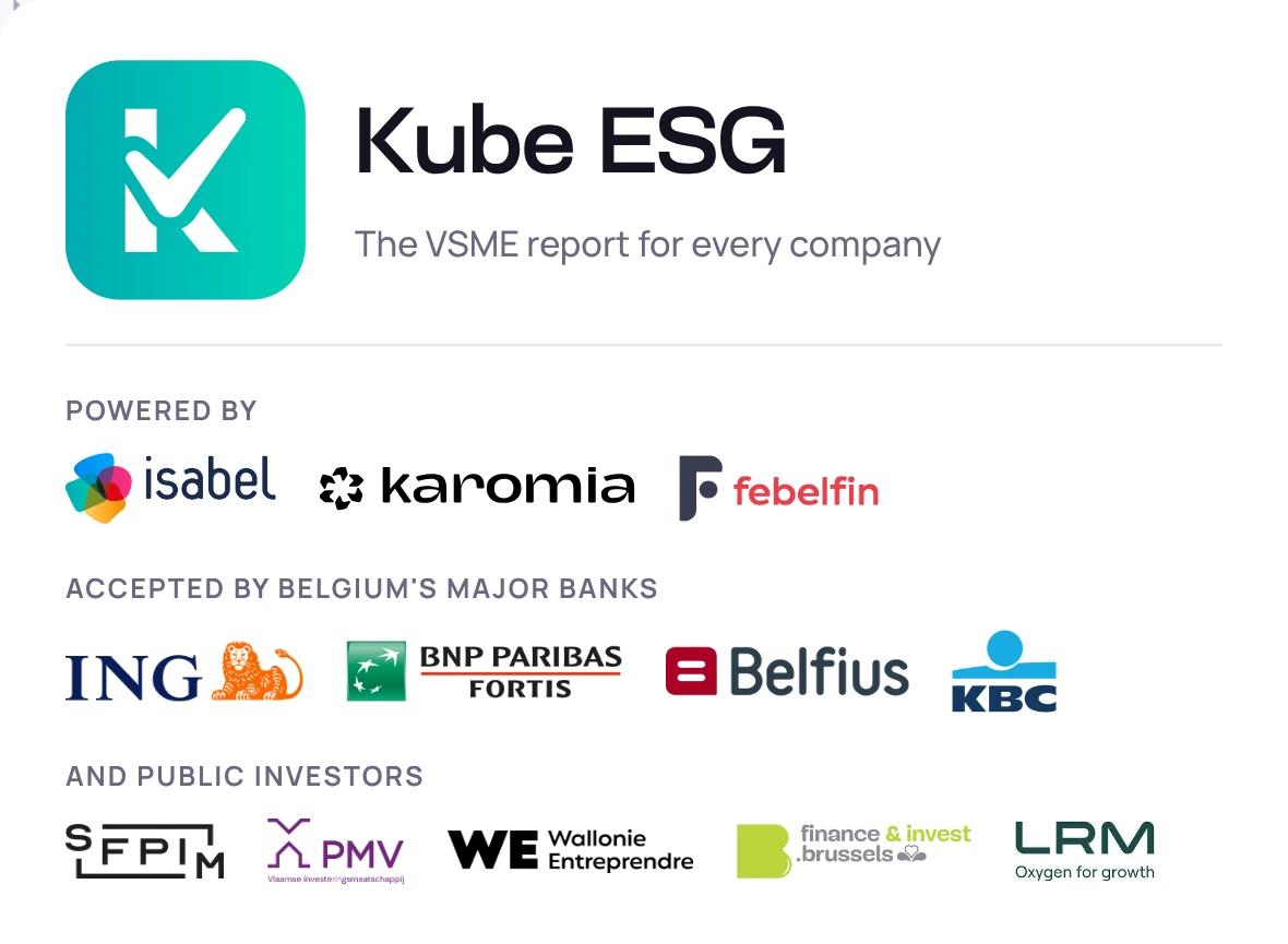 Kube ESG, powered by Isabel, Karomia and Febelfin, accepted by ING, BNP Paribas Fortis, Belfius, KBC, SFPIM, PMV, Wallonie Entreprendre, finance&invest.brussels and LRM